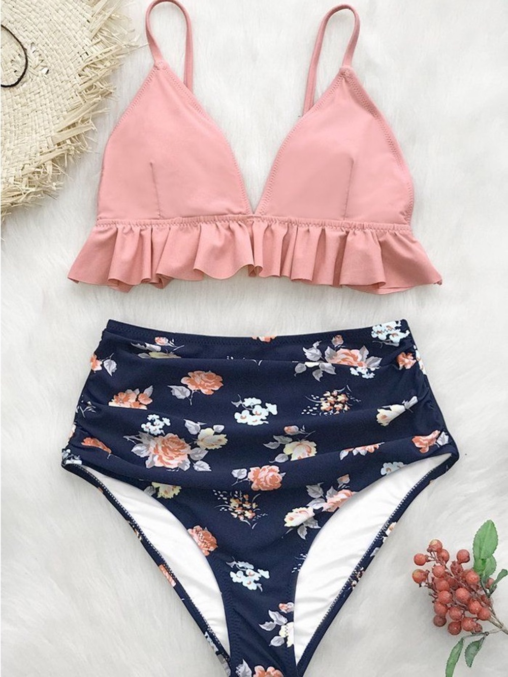 Cupshe Peach Ruffle Bralette with Navy Floral High-Rise Bikini